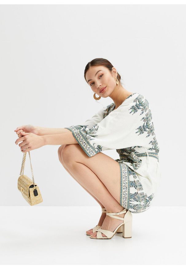 bonprix - Kombinezon z domieszką lnu. Kolor: beżowy. Materiał: len. Styl: elegancki
