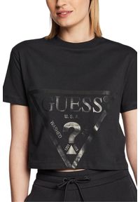 Guess - GUESS Czarny bawełniany t-shirt damski Adele Crop, Rozmiar S. Okazja: na co dzień. Kolor: czarny. Materiał: bawełna. Długość: krótkie. Styl: casual #2