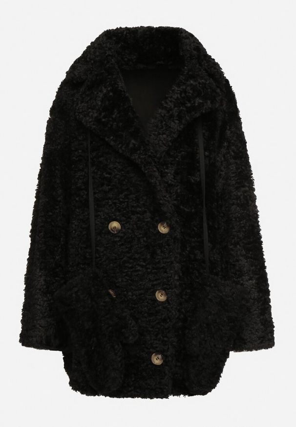 Born2be - Czarna Futrzana Kurtka Płaszcz Dwurzędowy z Dołączonymi Rękawiczkami Hetista. Okazja: na co dzień. Kolor: czarny. Materiał: futro. Styl: elegancki, casual