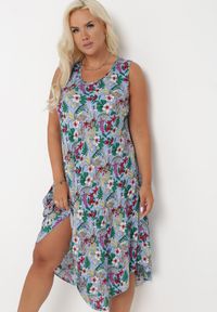 Born2be - Niebieska Sukienka Midi z Okrągłym Dekoltem i Printem w Kwiaty Eleanes. Kolor: niebieski. Materiał: tkanina. Wzór: kwiaty, nadruk. Styl: klasyczny. Długość: midi