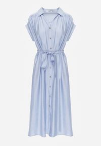 Renee - Niebieska Rozkloszowana Sukienka o Koszulowym Kroju Ozdobiona Paskiem w Talii i Guzikami Rosofia. Okazja: na co dzień. Typ kołnierza: dekolt w kształcie V. Kolor: niebieski. Materiał: skóra. Długość rękawa: krótki rękaw. Wzór: aplikacja. Typ sukienki: koszulowe. Styl: elegancki, sportowy, casual, wizytowy #2