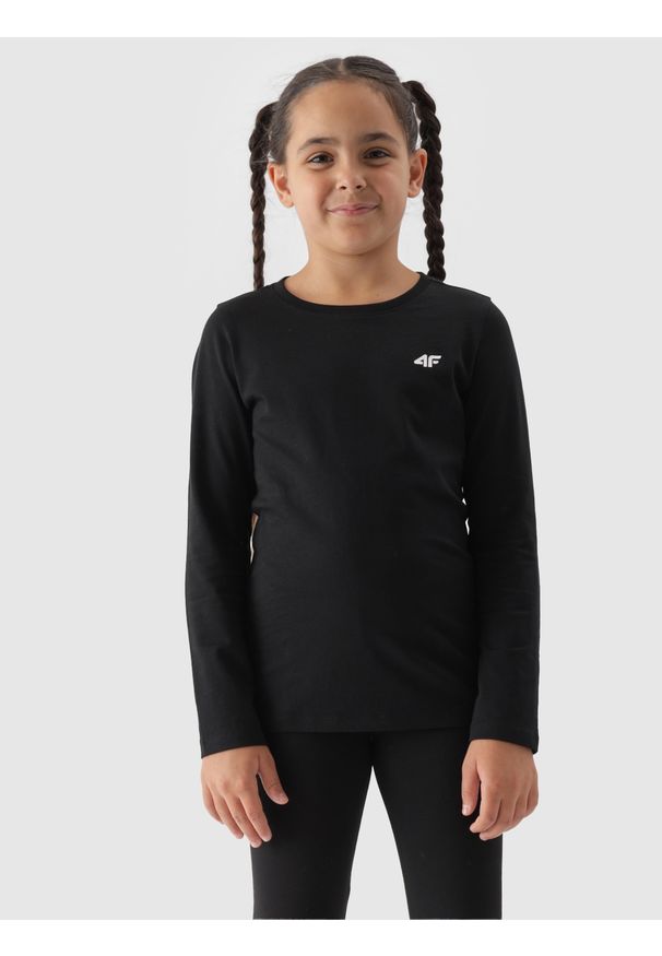 4f - 4F Longsleeve regular gladki dziewczęcy - czarny 140 (9-10 lat). Okazja: na co dzień. Kolor: czarny. Materiał: dzianina, jersey, bawełna. Długość rękawa: długi rękaw. Długość: długie. Wzór: gładki, ze splotem. Sezon: lato. Styl: casual, klasyczny, sportowy