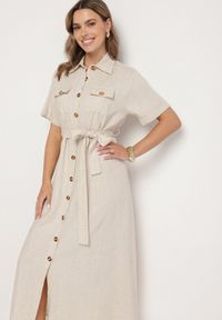 Born2be - Beżowa Sukienka Koszulowa z Materiałowym Paskiem z Lnu i Wiskozy Werilene. Okazja: na co dzień. Typ kołnierza: kołnierzyk klasyczny. Kolor: beżowy. Materiał: len, wiskoza, materiał. Sezon: lato. Typ sukienki: koszulowe. Styl: klasyczny, casual #6