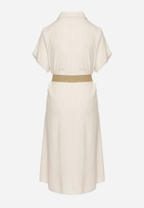 Born2be - Beżowa Koszulowa Sukienka z Lnu i Wiskozy z Elastycznym Paskiem z Klamrą Elanithea. Okazja: na co dzień. Typ kołnierza: kołnierzyk klasyczny. Kolor: beżowy. Materiał: wiskoza, len. Długość rękawa: krótki rękaw. Typ sukienki: koszulowe. Styl: casual, elegancki, klasyczny