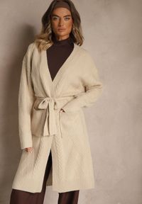 Renee - Beżowy Tłoczony Kardigan z Wełną o Kroju Bez Zapięć z Paskiem Dorrive. Okazja: na co dzień. Kolor: beżowy. Materiał: wełna. Styl: casual, elegancki