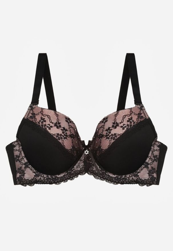 Born2be - Czarno-Różowy Biustonosz Ozdobiony Cyrkoniami i Koronką Corraella. Kolor: czarny. Materiał: koronka. Wzór: aplikacja, koronka