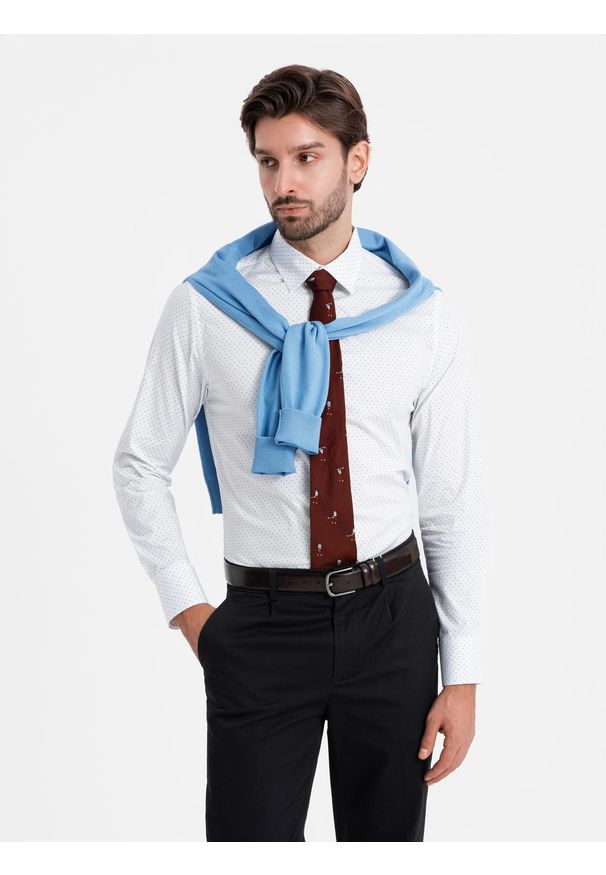 Ombre Clothing - Bawełniana koszula męska w mikro wzór REGULAR FIT - biała V1. Typ kołnierza: kołnierzyk klasyczny. Kolor: biały. Materiał: bawełna. Długość rękawa: długi rękaw. Długość: długie. Wzór: nadruk. Styl: klasyczny