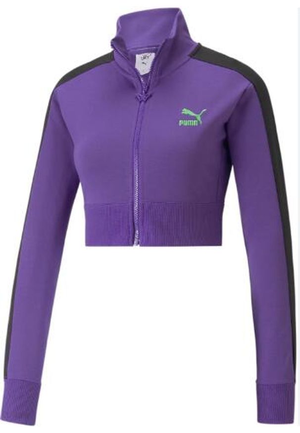 Kurtka damska Puma X DUA LIPA T7. Kolor: fioletowy, wielokolorowy, czarny. Materiał: dresówka. Długość: krótkie. Sport: turystyka piesza
