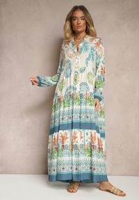 Renee - Jasnoniebieska Sukienka z Wiskozy Rozkloszowana w Print Boho Aedia. Okazja: na co dzień. Typ kołnierza: dekolt w serek. Kolor: niebieski. Materiał: wiskoza. Wzór: nadruk. Styl: boho #5