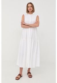 Marella sukienka kolor biały midi rozkloszowana. Typ kołnierza: kołnierzyk stójkowy. Kolor: biały. Materiał: tkanina, bawełna, materiał. Typ sukienki: rozkloszowane. Długość: midi #3
