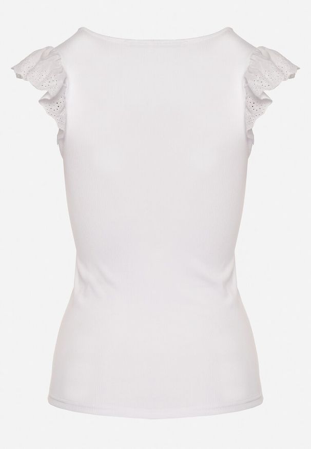 Born2be - Biały Top z Ażurowymi Falbankami Bez Rękawów Sonnelle. Okazja: na co dzień. Typ kołnierza: kołnierz z falbankami. Kolor: biały. Materiał: jeans. Długość rękawa: bez rękawów. Wzór: ażurowy. Styl: klasyczny, elegancki, casual