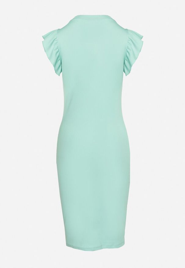 Born2be - Miętowa Dopasowana Sukienka Midi z Falbanką przy Rękawie Ekarra. Kolor: miętowy. Styl: elegancki. Długość: midi
