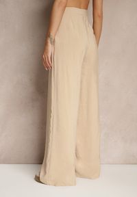 Renee - Beżowe Spodnie Low Waist z Modalu z Szeroką Nogawką Reanelira. Okazja: na co dzień. Stan: obniżony. Kolor: beżowy. Styl: klasyczny, casual, elegancki