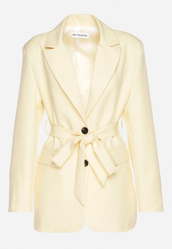 Born2be - Żółta Taliowana Marynarka o Jednorzędowym Kroju z Wiązanym Paskiem Davililsa. Okazja: na co dzień. Kolor: żółty. Materiał: jeans. Styl: elegancki, casual