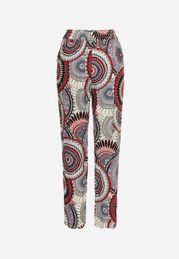 Born2be - Czerwone Bawełniane Spodnie o Szerokim Kroju z Wysokim Stanem ze Wzorem Boho Zarrive. Okazja: na co dzień. Stan: podwyższony. Kolor: czerwony. Materiał: bawełna. Styl: boho