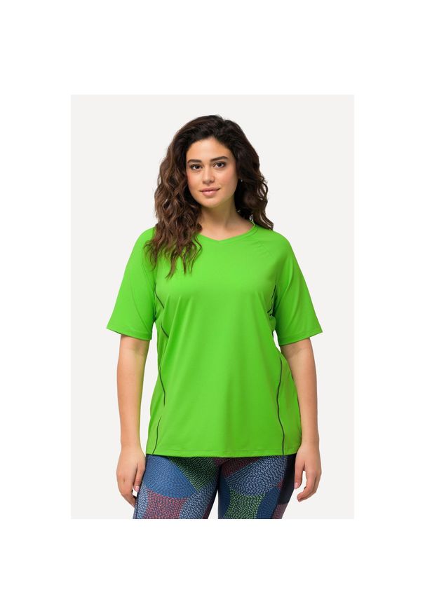 ULLA POPKEN - Damskie T-shirt ochrona UV 50+ dekolt w serek rękaw 1/2. Typ kołnierza: dekolt w serek. Kolekcja: plus size. Kolor: zielony. Materiał: materiał, poliester, elastan