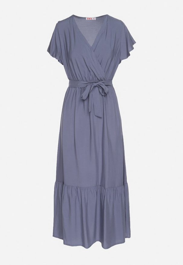 Born2be - Granatowa Wiskozowa Sukienka z Kopertowym Dekoltem z Paskiem Savorlisse. Okazja: na co dzień. Kolor: niebieski. Materiał: wiskoza. Wzór: aplikacja. Typ sukienki: kopertowe. Styl: klasyczny, casual