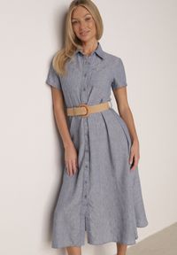 Born2be - Niebieska Sukienka Koszulowa z Krótkim Rękawem i Paskiem z Klamrą Orethea. Okazja: na co dzień. Kolor: niebieski. Materiał: materiał. Długość rękawa: krótki rękaw. Wzór: aplikacja. Typ sukienki: koszulowe. Styl: casual, elegancki #8