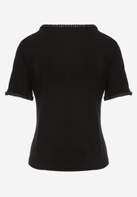 Renee - Czarny Gładki T-shirt Bawełniany z Ozdobnymi Lamówkami z Warkoczowego Splotu Thalia. Kolor: czarny. Materiał: bawełna. Wzór: ze splotem, gładki #6