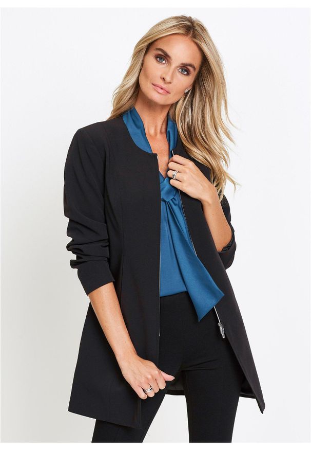 bonprix - Długi żakiet. Typ kołnierza: bez kołnierzyka. Kolor: czarny. Długość: długie. Styl: klasyczny