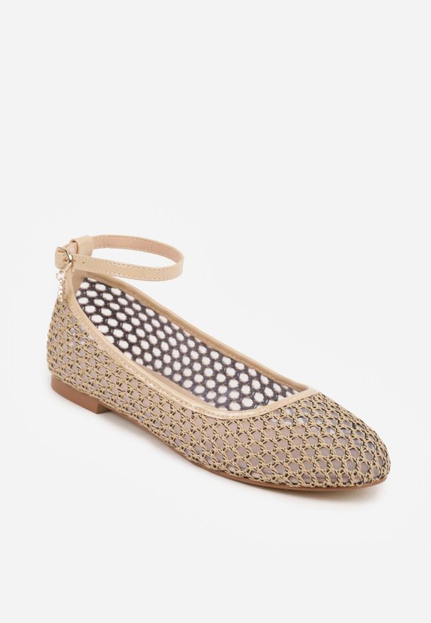 Born2be - Ciemnobeżowe Siateczkowe Balerinki z Wkładką ze Skóry Naturalnej Ozdobione Aplikacją Adriarissa. Okazja: na spotkanie biznesowe, na co dzień. Zapięcie: sprzączka. Kolor: beżowy. Materiał: skóra. Wzór: aplikacja. Sezon: lato. Styl: elegancki, biznesowy, casual