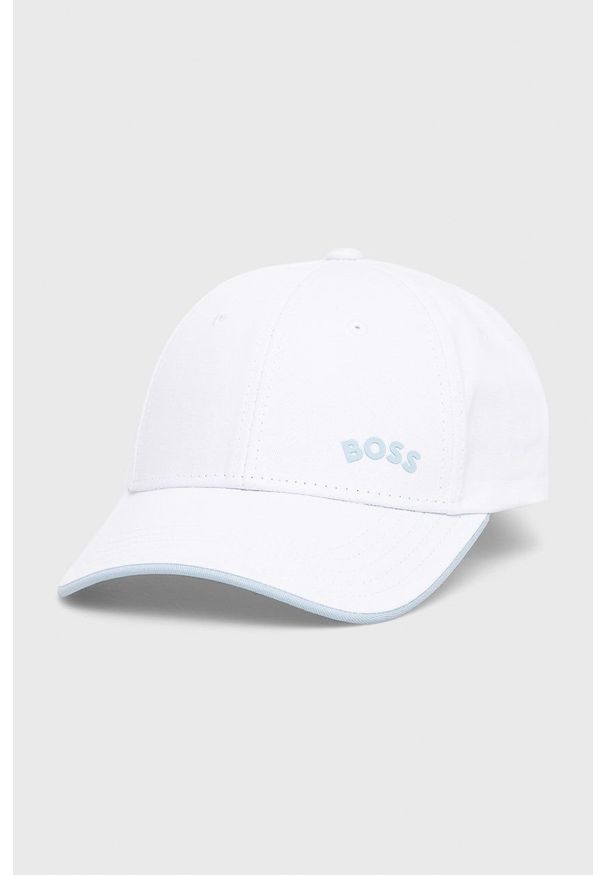 BOSS - Boss czapka Athleisure 50468257 kolor biały gładka. Kolor: biały. Materiał: bawełna. Wzór: gładki