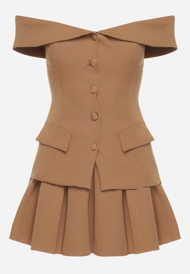 Born2be - Brązowy Komplet Spódnica i Bluzka Hiszpanka z Guzikami i Imitacją Kieszeni Salendrea. Kolor: brązowy. Materiał: jeans