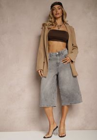 Renee - Szare Szorty Jeansowe Bermudy Baggy Talienne. Okazja: na co dzień. Stan: podwyższony. Kolor: szary. Materiał: jeans. Sezon: lato, wiosna. Styl: casual