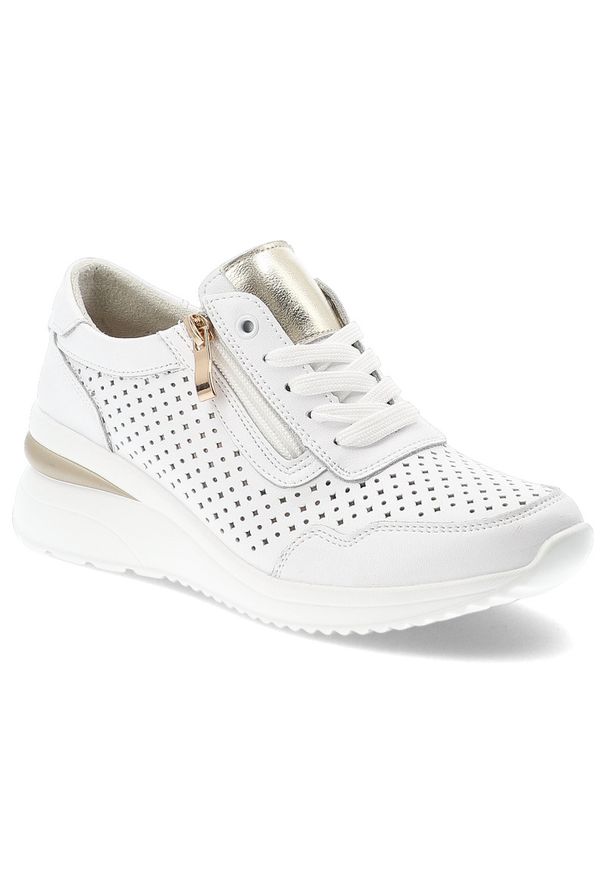 Sneakersy damskie Vinceza, ze skóry naturalnej licowej ażurowa cholewka zamek i sznurowanie lekka podeszwa, białe, 95402. Okazja: na co dzień. Zapięcie: sznurówki. Kolor: biały. Materiał: skóra. Szerokość cholewki: normalna. Wzór: ażurowy. Styl: elegancki, klasyczny, casual