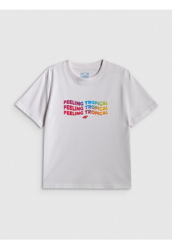 4f - 4F T-shirt boxy z nadrukiem damski - biały S. Okazja: na co dzień. Kolor: biały. Materiał: dzianina, bawełna, materiał. Wzór: nadruk. Styl: casual