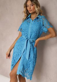 Renee - Niebieska Koronkowa Sukienka Koszulowa Midi z Paskiem Azariela. Kolor: niebieski. Materiał: koronka. Typ sukienki: koszulowe. Długość: midi #5