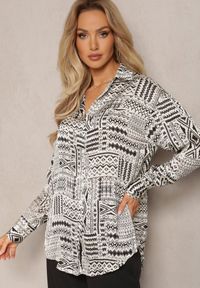 Renee - Beżowo-Czarna Koszula o Luźnym Fasonie w Etno Wzór Goliana. Kolor: beżowy. Styl: etno #5