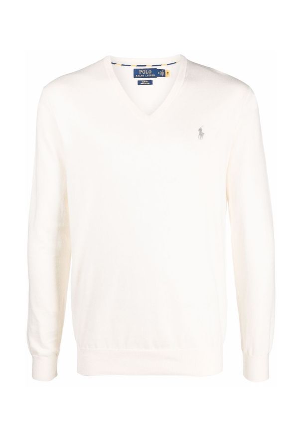 Ralph Lauren - RALPH LAUREN - Biały sweter z logo. Typ kołnierza: polo. Kolor: biały. Materiał: bawełna, dzianina. Długość rękawa: długi rękaw. Długość: długie. Wzór: haft