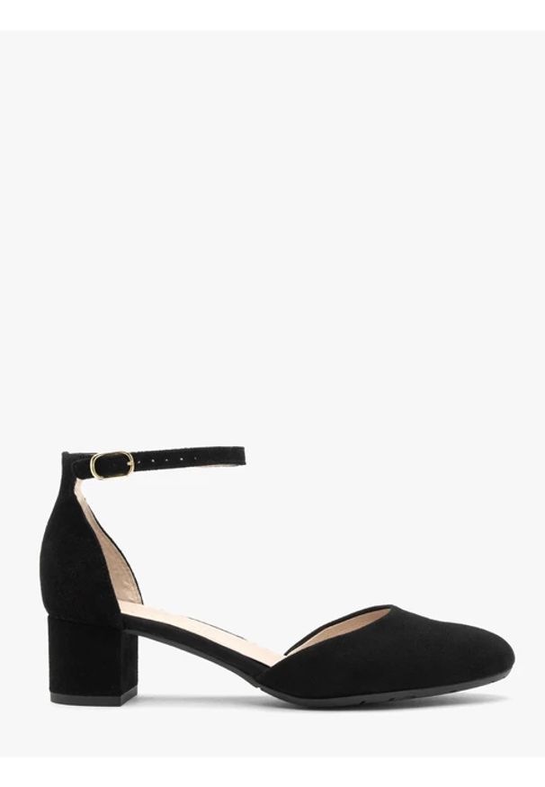 Ryłko - Welurowe czółenka damskie z paskiem wokół kostki. Nosek buta: okrągły. Zapięcie: pasek. Kolor: czarny. Materiał: skóra, welur. Obcas: na obcasie. Styl: street. Wysokość obcasa: średni