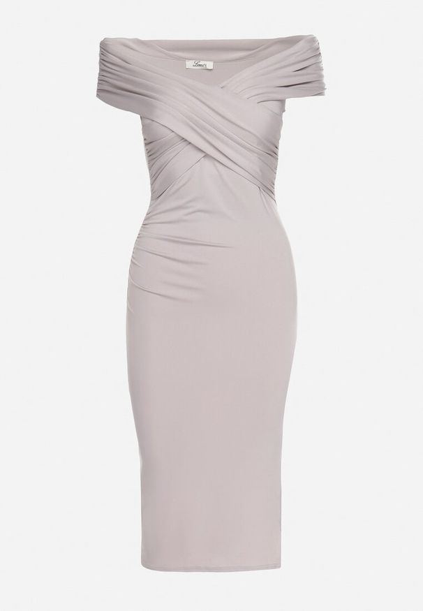 Born2be - Jasnoszara Sukienka Dopasowana z Ozdobnie Wywiniętą Górą i Rozcięciem na Boku Mleora. Kolor: szary. Materiał: dzianina. Sezon: lato. Styl: elegancki