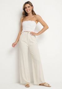 Born2be - Jasnobeżowe Lniane Spodnie z Wiskozą o Szerokim Kroju z Gumką w Talii Zelzeri. Okazja: na co dzień. Kolor: beżowy. Materiał: len, wiskoza. Styl: elegancki, casual #4