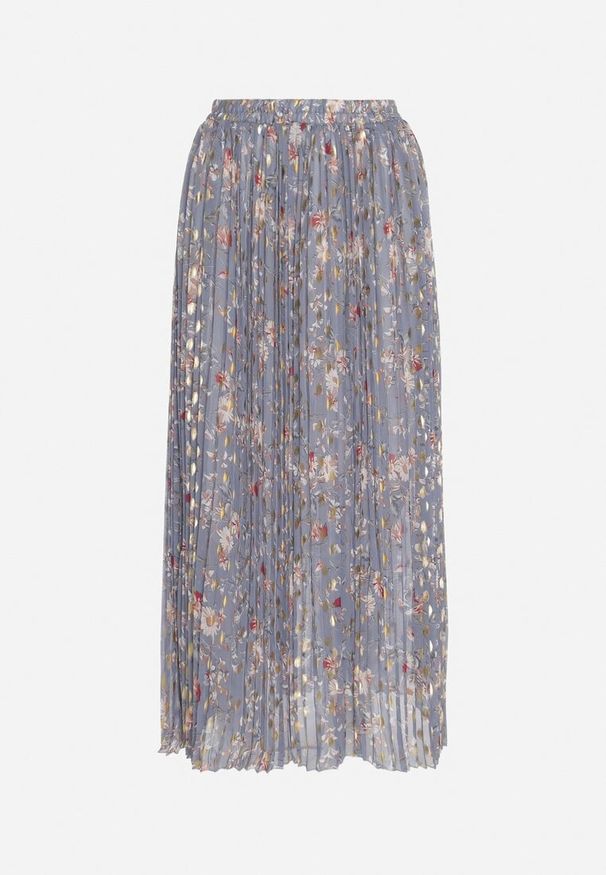 Born2be - Szara Rozkloszowana Spódnica Plisowana z Metalicznym Nadrukiem w Kwiatowy Wzór Folireia. Okazja: na co dzień. Kolor: szary. Wzór: kwiaty, nadruk. Styl: casual, klasyczny, wizytowy