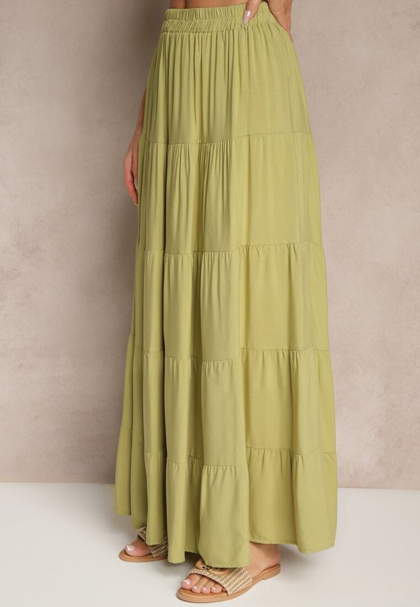 Renee - Zielona Spódnica z Bawełny Ozdobiona Falbanami Nevolae. Okazja: na spacer, na co dzień. Kolor: zielony. Materiał: bawełna. Wzór: aplikacja. Styl: elegancki, casual, klasyczny