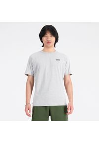 Koszulka męska New Balance MT33517AG – szara. Kolor: szary. Materiał: dresówka, bawełna. Długość rękawa: krótki rękaw. Długość: krótkie. Wzór: napisy, nadruk