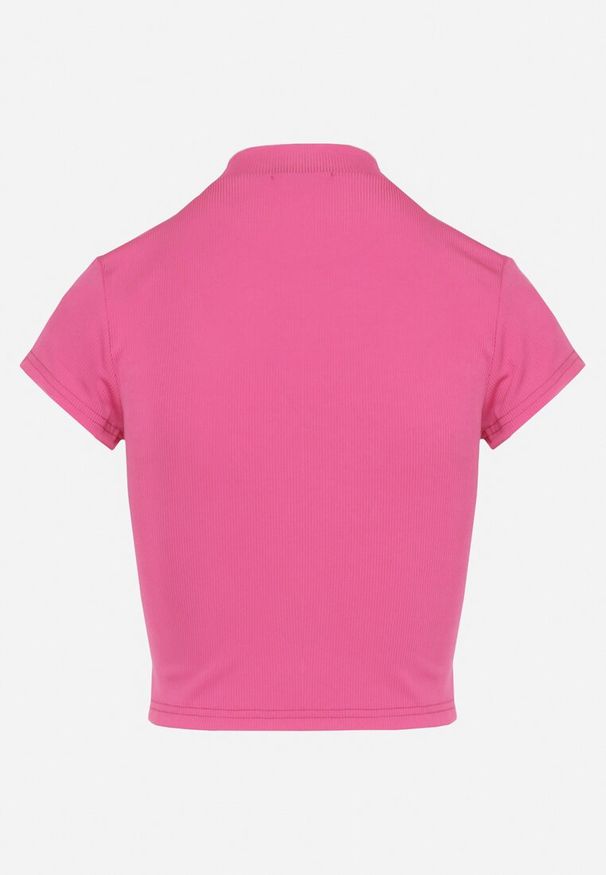 Born2be - Fuksjowy T-shirt o Krótkim Dopasowanym Kroju z Napisem Ebira. Kolor: różowy. Materiał: jeans. Długość: krótkie. Wzór: napisy. Styl: elegancki, sportowy, klasyczny