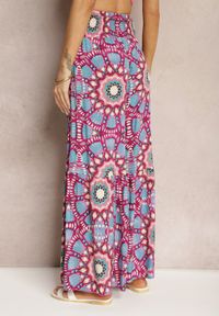 Renee - Różowo-Niebieskie Spodnie Typu Palazzo z Wiskozy High Waist z Gumką w Pasie Bistalia. Okazja: na co dzień. Stan: podwyższony. Kolor: różowy. Materiał: wiskoza. Długość: długie. Styl: casual, wizytowy