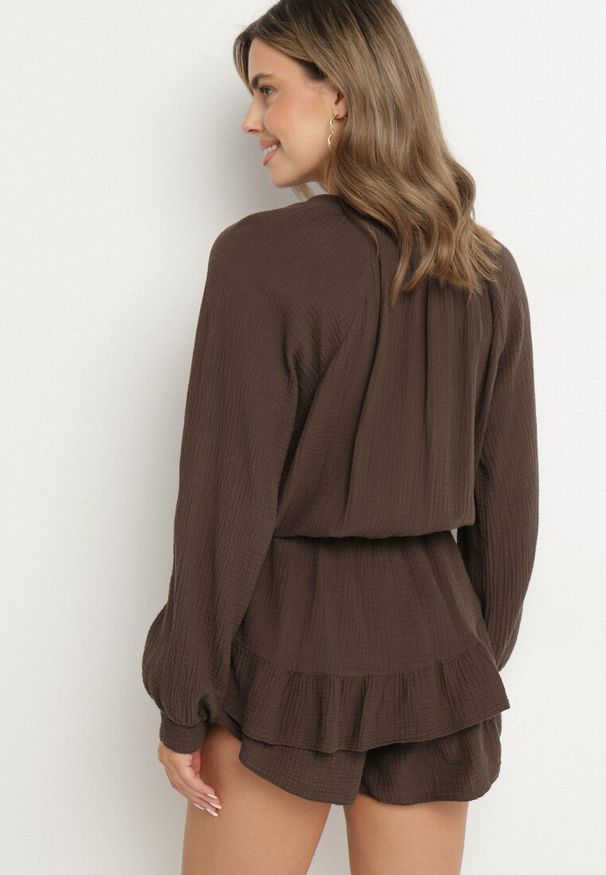 Born2be - Brązowy Bawełniany Kombinezon z Elastyczną Gumką w Talii i Spódnico-Spodenkami Gleasea. Okazja: na co dzień. Kolor: brązowy. Materiał: bawełna. Styl: casual, elegancki