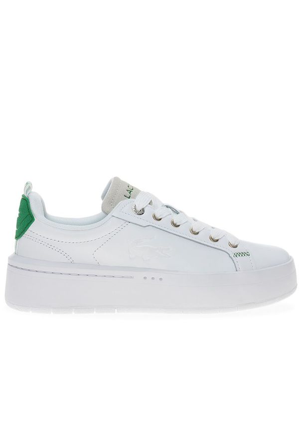 Buty Lacoste Carnaby Plat 223 2 SFA 746SFA0034-1R5 - białe. Okazja: na co dzień. Zapięcie: sznurówki. Kolor: biały. Materiał: guma, skóra. Szerokość cholewki: normalna. Wzór: aplikacja. Obcas: na platformie