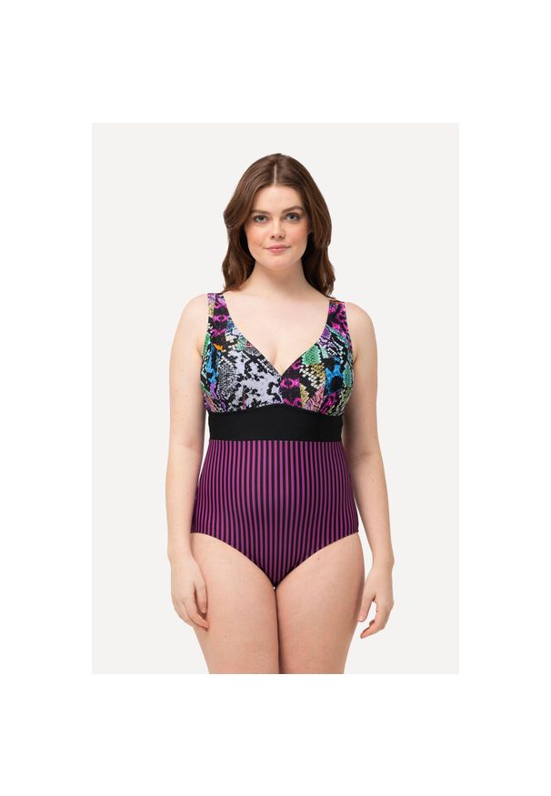 ULLA POPKEN - Damski Strój kąpielowy mieszanka wzorów miękkie miseczki. Kolekcja: plus size. Kolor: czarny. Materiał: poliester, elastan, poliamid, materiał