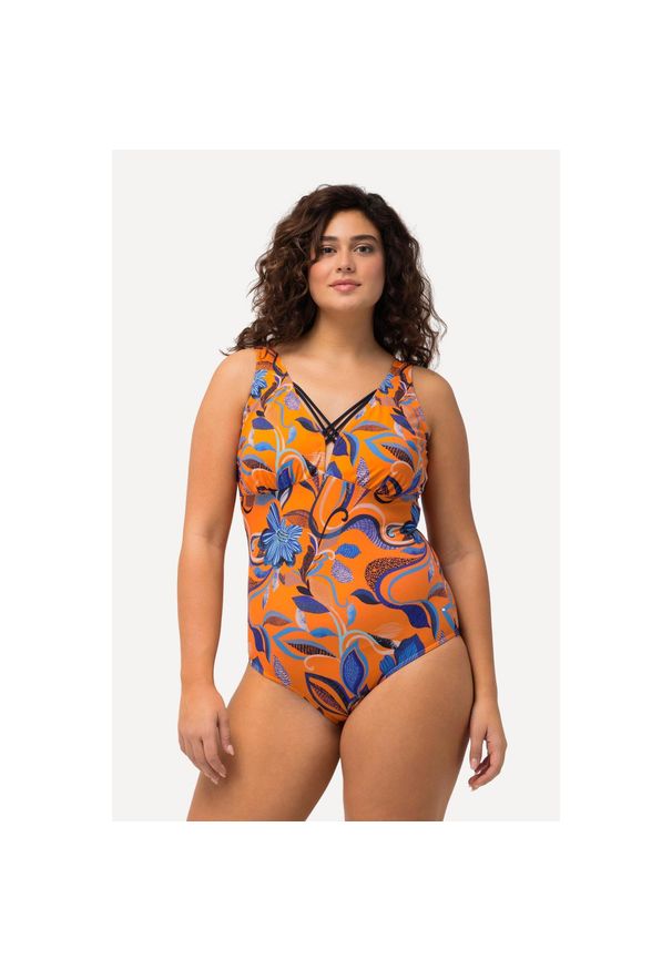 ULLA POPKEN - Damski Kostium kąpielowy kwiaty ozdobne tasiemki miękkie miseczki. Kolekcja: plus size. Kolor: pomarańczowy. Materiał: poliester, elastan, poliamid, materiał. Wzór: kwiaty