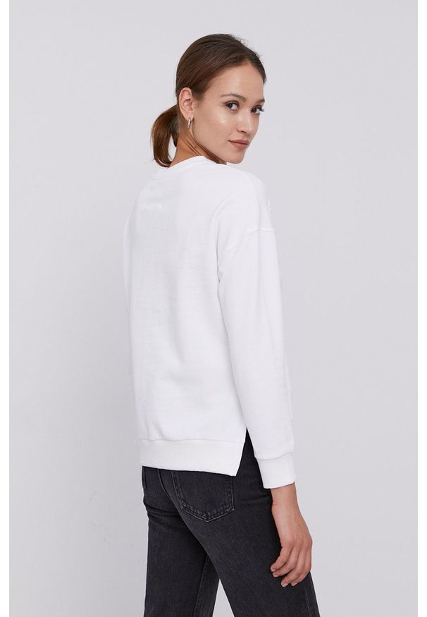 After Label Bluza bawełniana damska kolor biały z aplikacją. Kolor: biały. Materiał: bawełna. Długość rękawa: długi rękaw. Długość: długie. Wzór: aplikacja