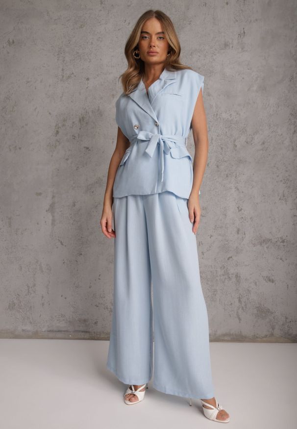 Renee - Niebieski Wiskozowy Komplet Garniturowy Spodnie Wide Leg i Kamizelka z Paskiem Elyenryl. Kolor: niebieski. Materiał: wiskoza