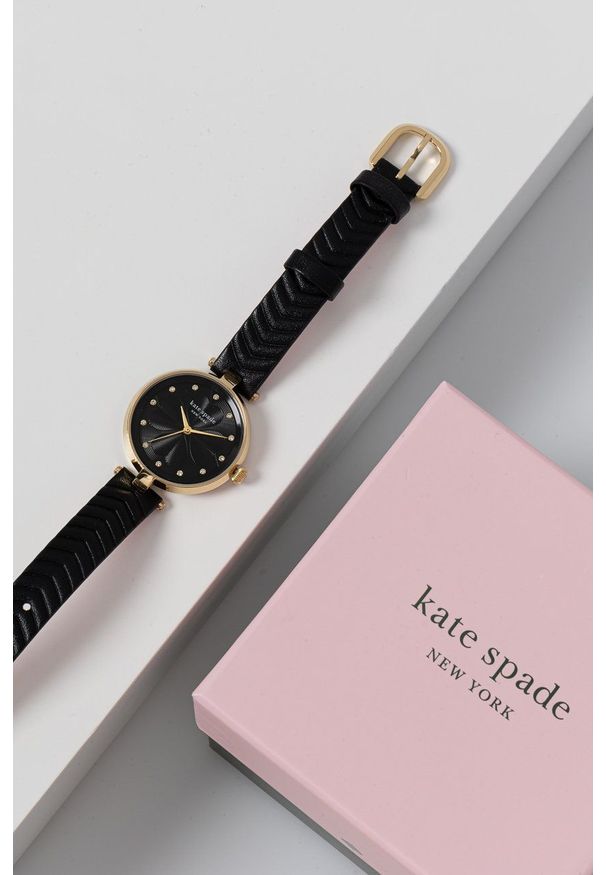 Kate Spade Zegarek damski kolor czarny. Kolor: czarny. Materiał: skóra, materiał