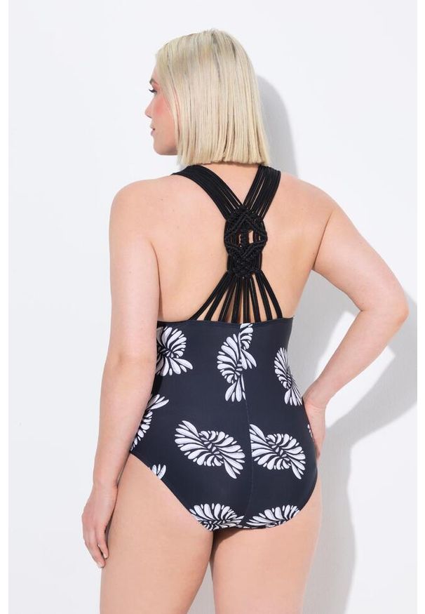 ULLA POPKEN - Damski Strój kąpielowy makramowa wstawka miękkie miseczki z recyklingu. Kolekcja: plus size. Kolor: czarny. Materiał: elastan, poliamid, materiał