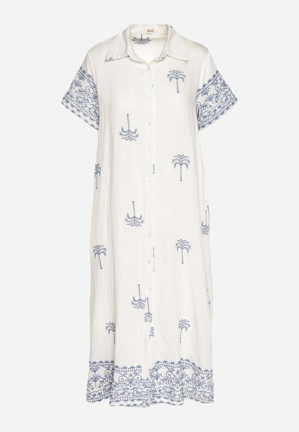 Born2be - Biała Pudełkowa Sukienka z Wiskozą o Koszulowym Kroju Zdobiona Haftem Sanori. Okazja: na co dzień. Kolor: biały. Materiał: wiskoza. Długość rękawa: krótki rękaw. Wzór: aplikacja, haft. Typ sukienki: koszulowe. Styl: casual, klasyczny